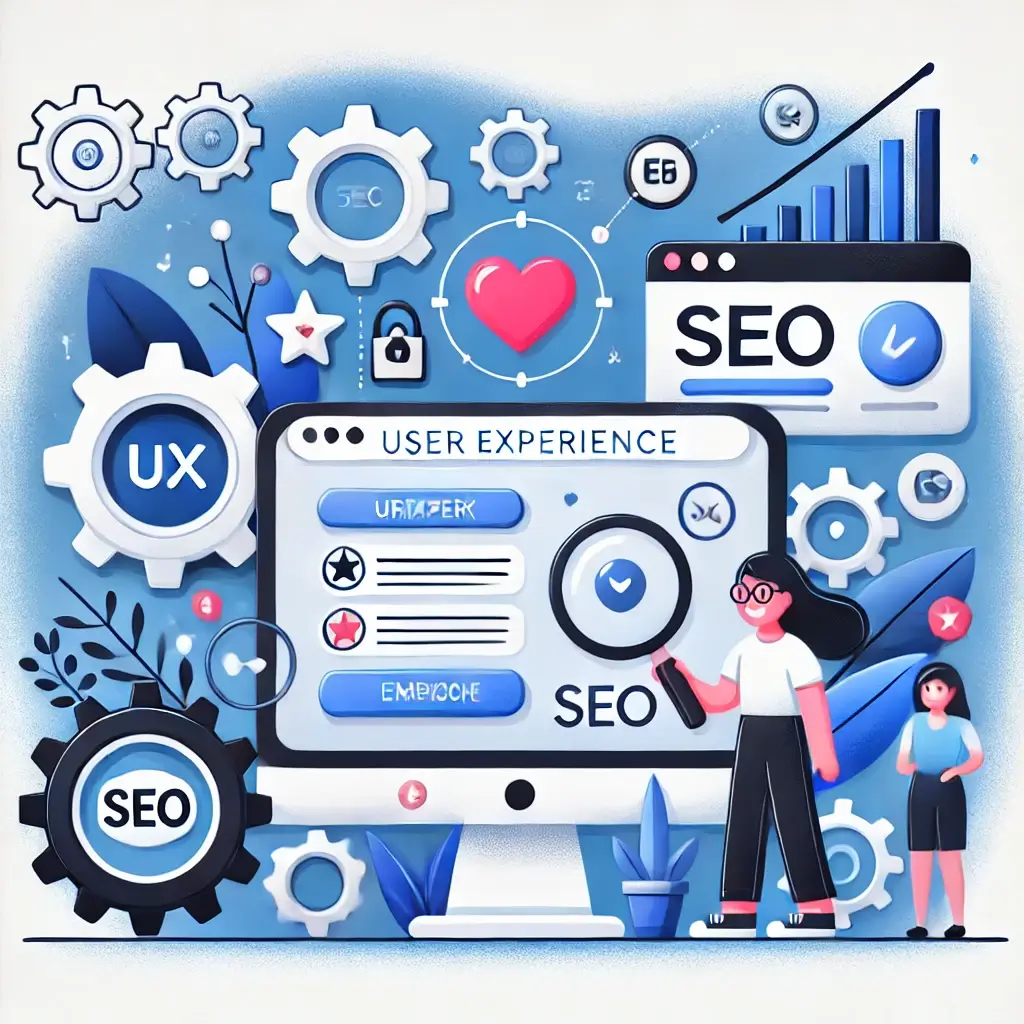 DALL·E 2024 09 11 17.40.29 An image representing user experience UX within the context of SEO Search Engine Optimization. In this image a user character is interacting with 1