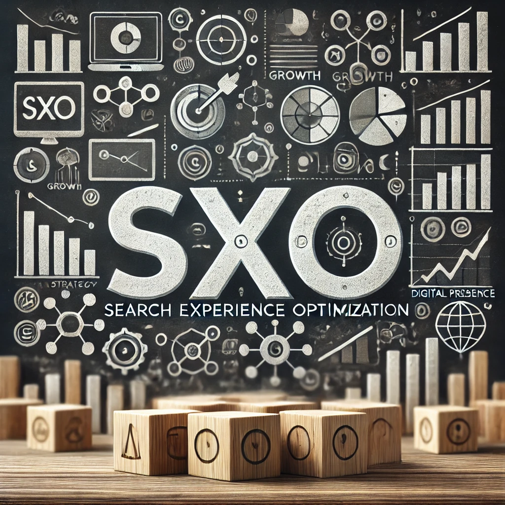 DALL·E 2024 09 12 10.31.40 A business oriented graphic focusing solely on SXO Search Experience Optimization inspired by a chalkboard background with various business icons s